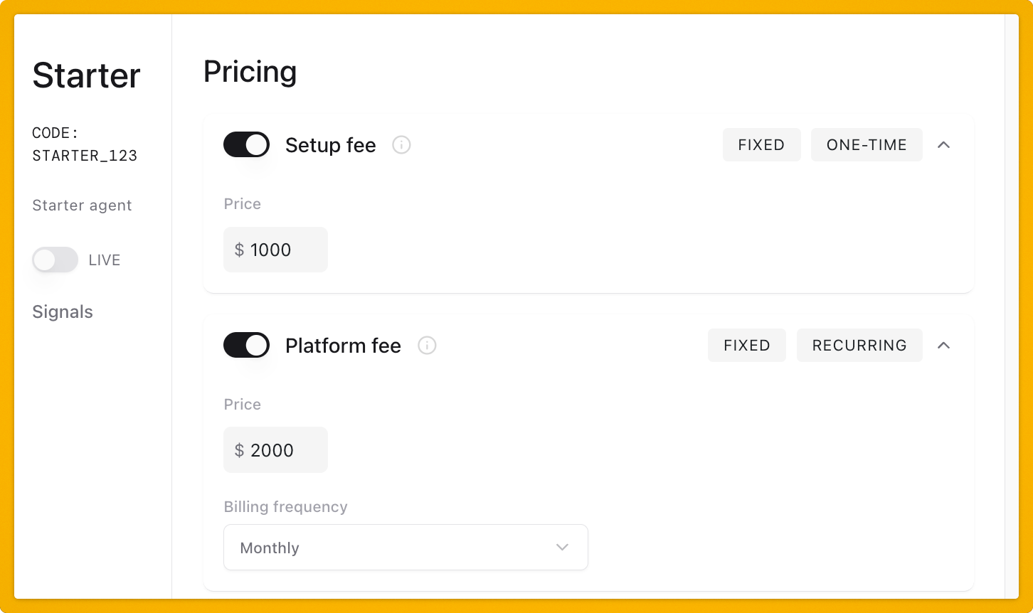Pricing settings interface showing setup fee of $1000 and platform fee of $2000. Options for fixed, one-time, and recurring billing.
