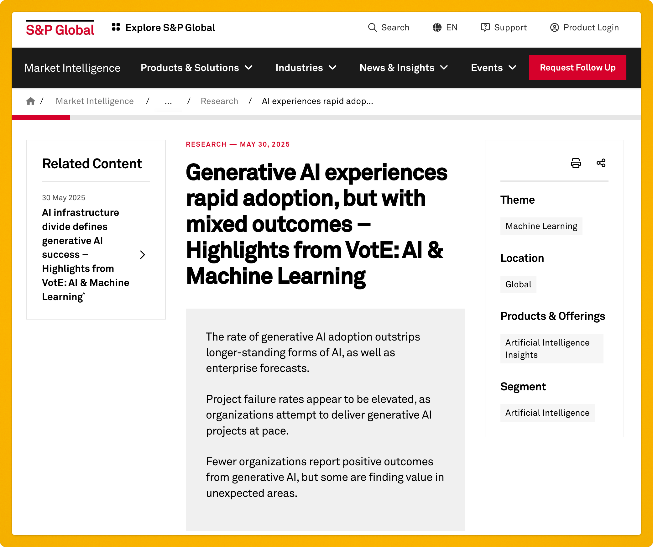 A news article from S&P global talking about how fewer organizations are reporting positive outcomes from generative AI.