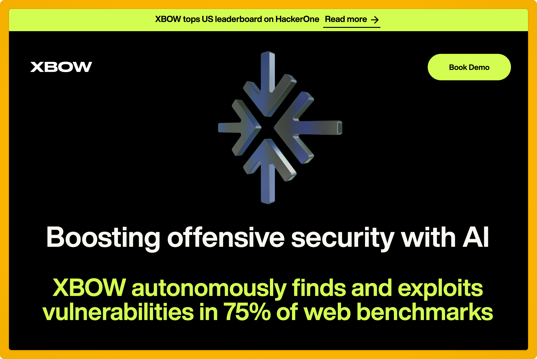Promotional image for XBOW, highlighting AI-driven security enhancements. Text emphasizes vulnerability detection in 75% of web benchmarks.