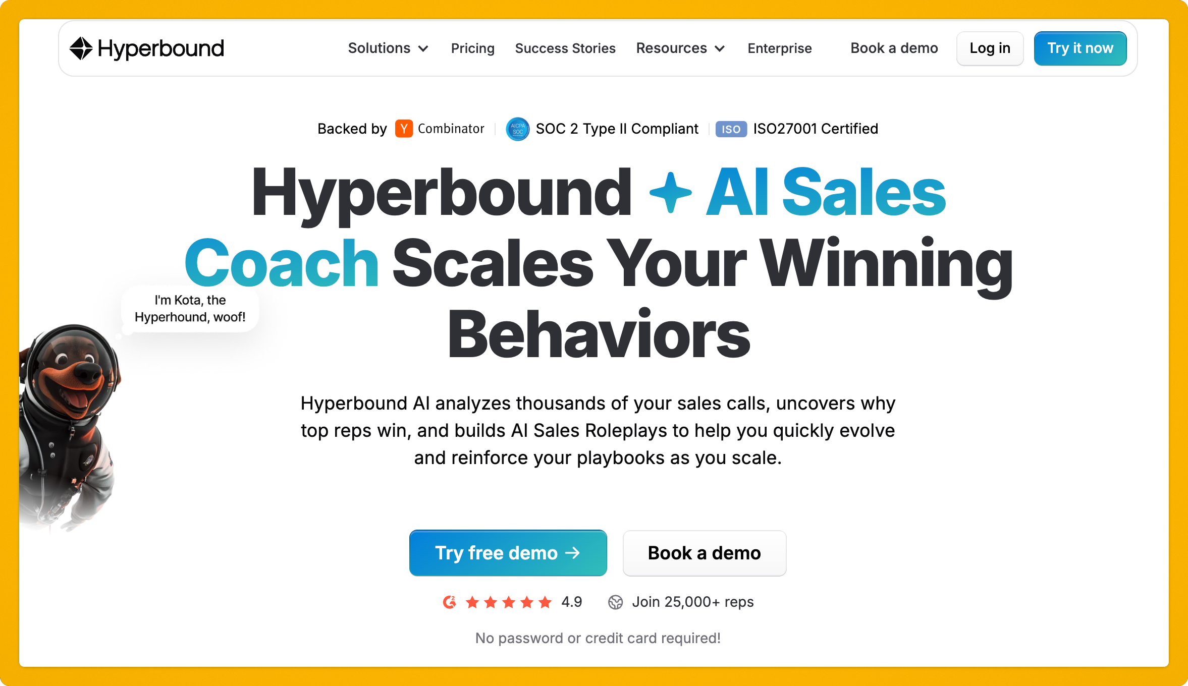 Hyperbound website screenshot featuring AI Sales Coach text, a cartoon character, and options to try a free demo or book a demo.