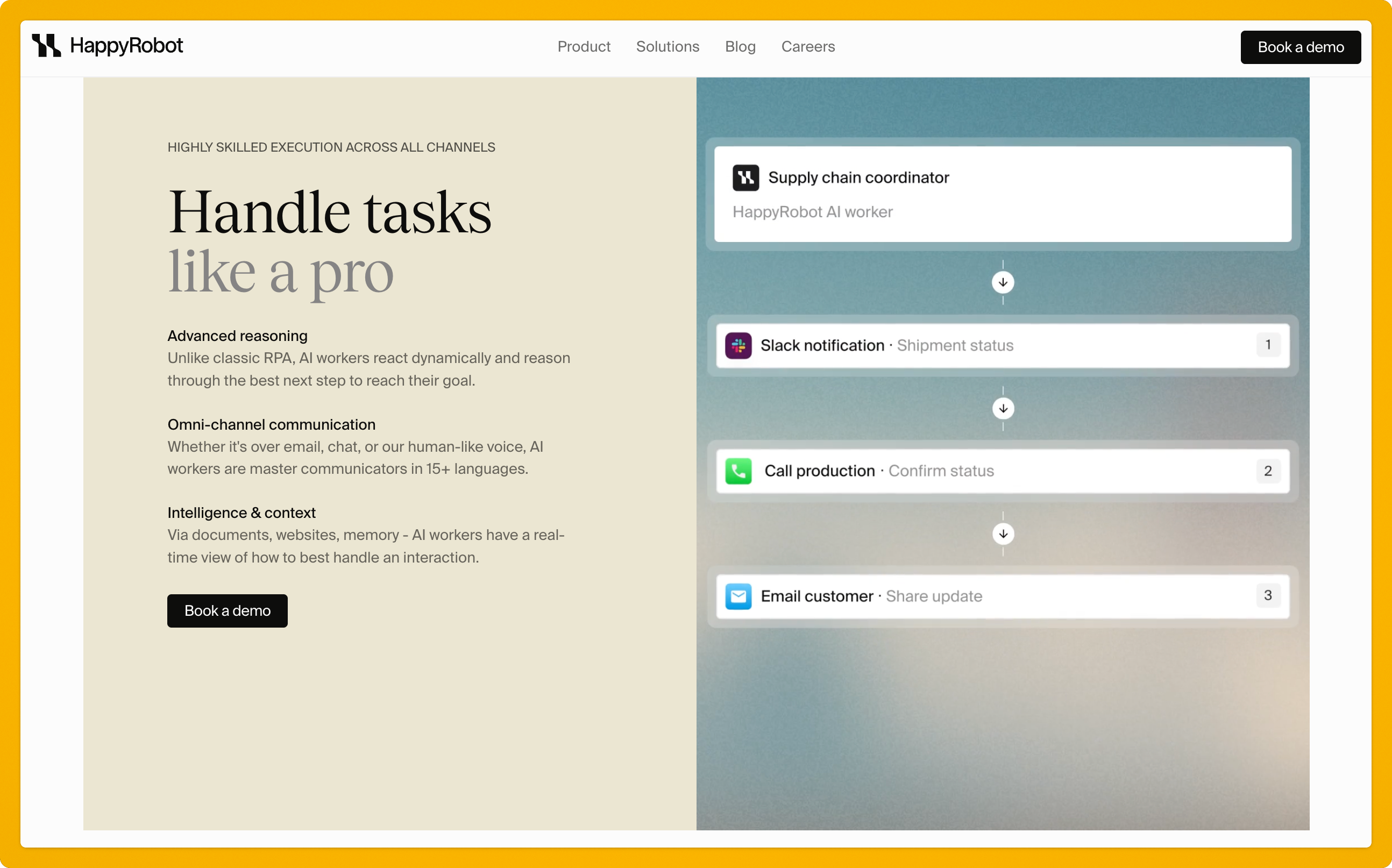 A webpage with a HappyRobot logo, navigation menu, and sections on AI worker tasks: supply chain, notifications, production, and email. 