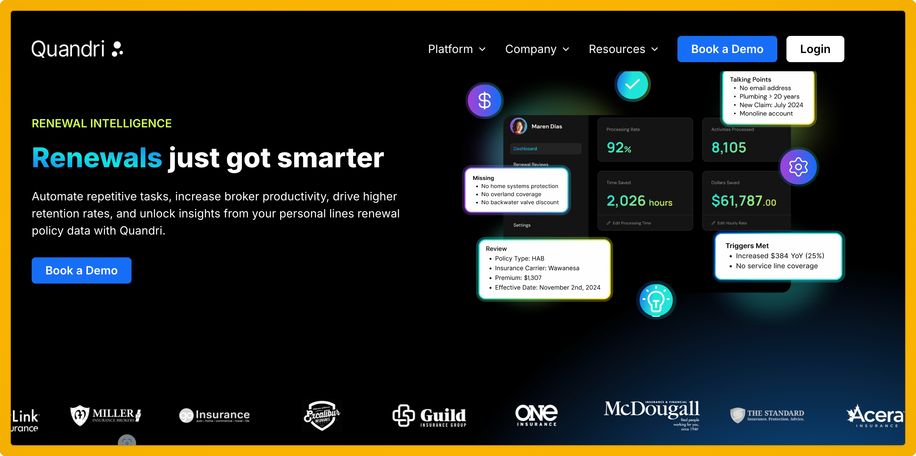 Promotional image for Quandri, highlighting renewal intelligence features with statistics, a 