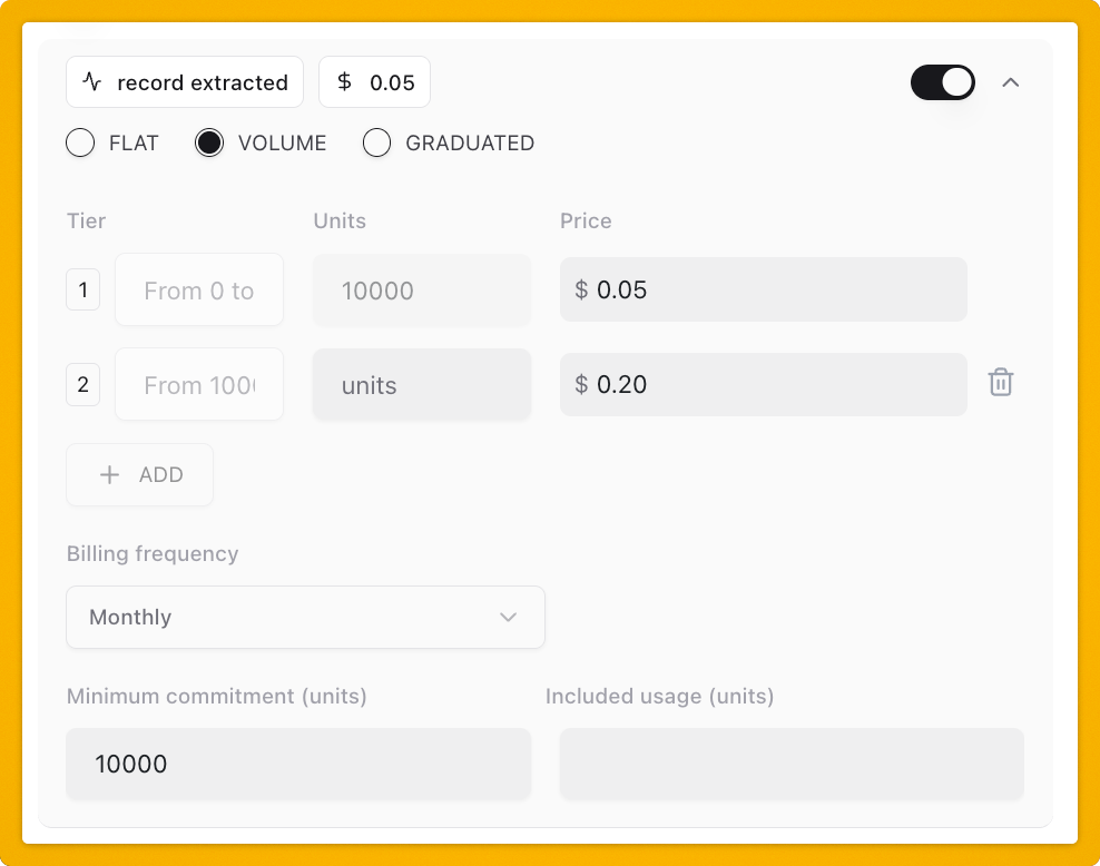 Pricing configuration interface showing volume-based pricing tiers, billing frequency options, and minimum commitment of 10,000 units.
