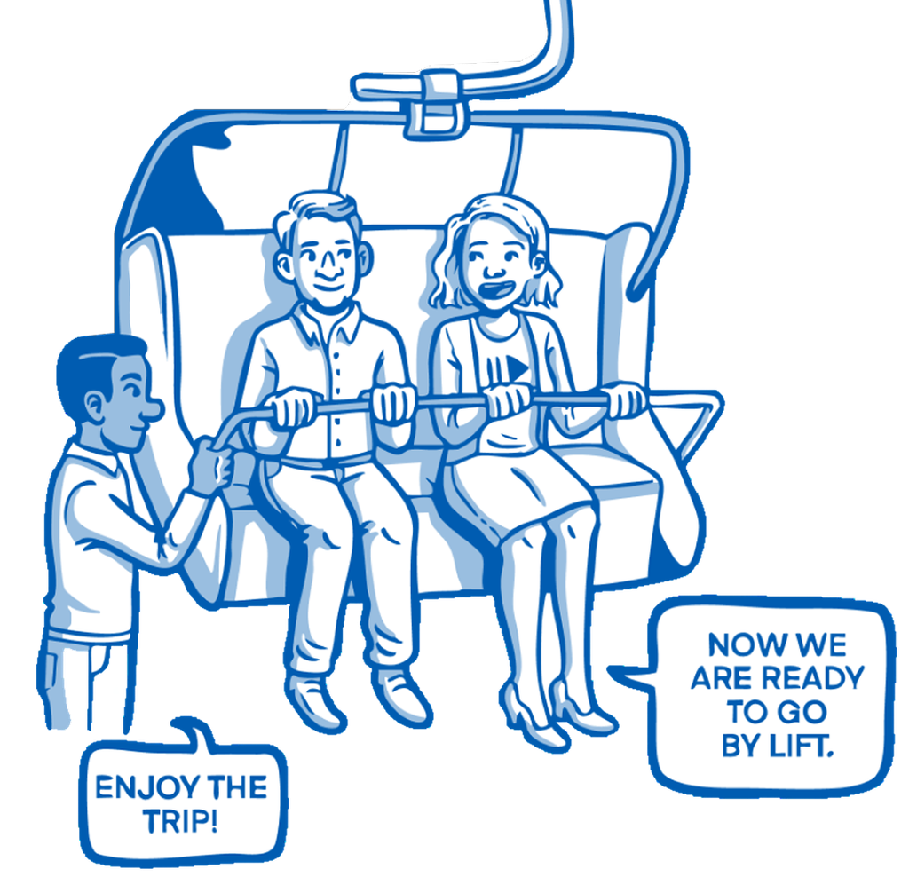 A couple sits on a ski lift, secured by a bar. An attendant stands nearby. Speech bubbles say, "Enjoy the trip!" and "Now we are ready to go by lift."