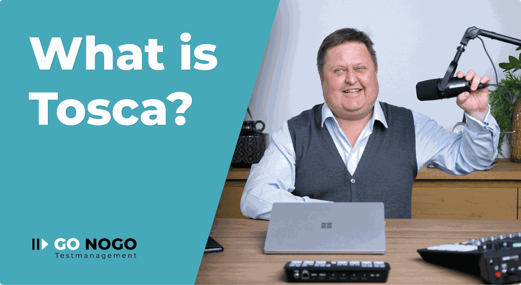 Smiling person with a microphone and laptop, next to text "What is Tosca?" and Go Nogo Testmanagement logo.
