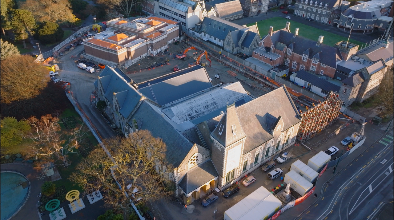 An aerial view of the Canterbury Museum. Drone shot.