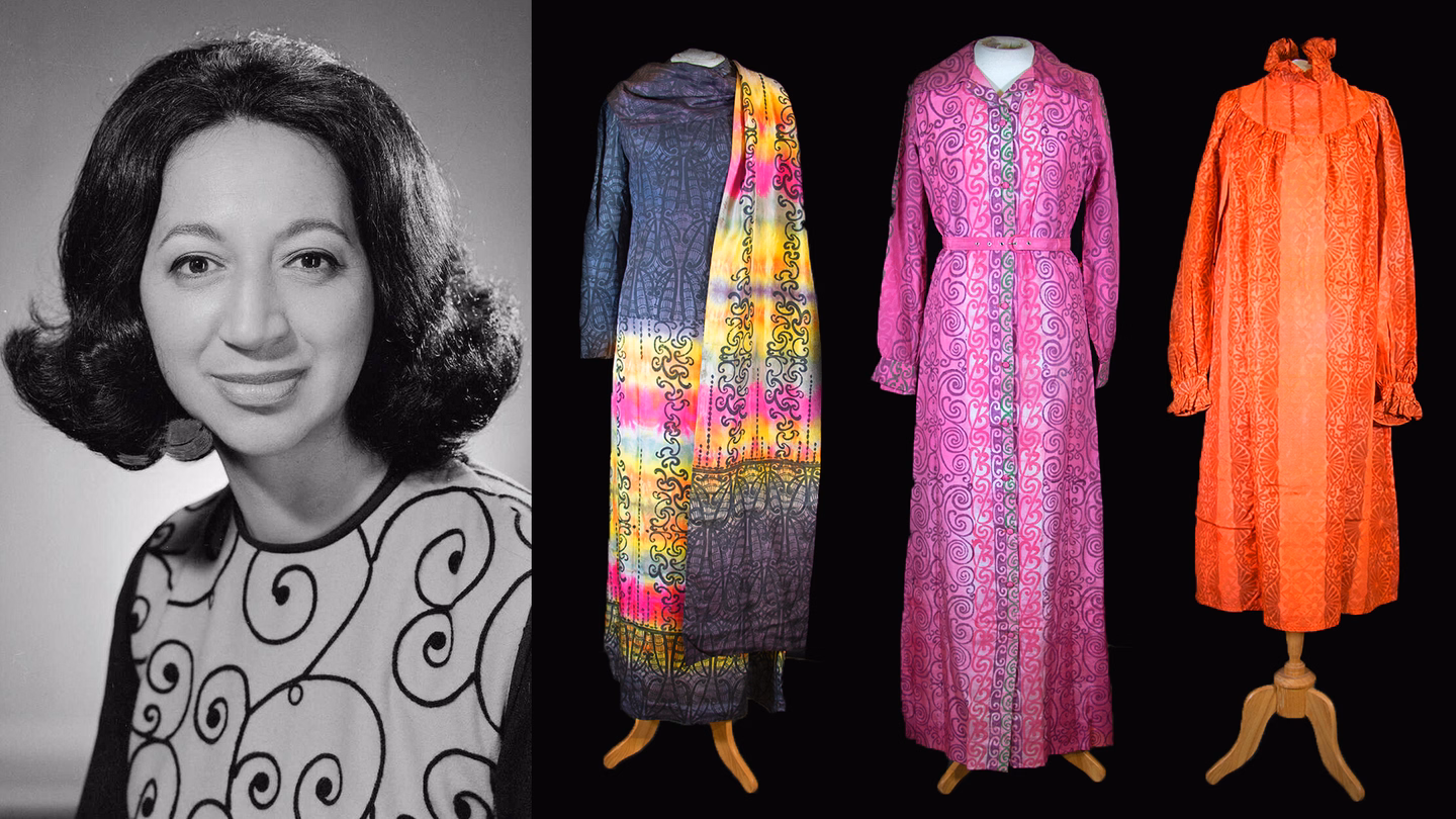 Whetu, seen here in about 1960, with three of her dresses. Canterbury Museum 2025.42.1, 3 and 4. CC BY-NC Portrait: Tini Whetu Marama Tirikatene-Sullivan. S P Andrew Ltd. Alexander Turnbull Library 1/4-020004-F.