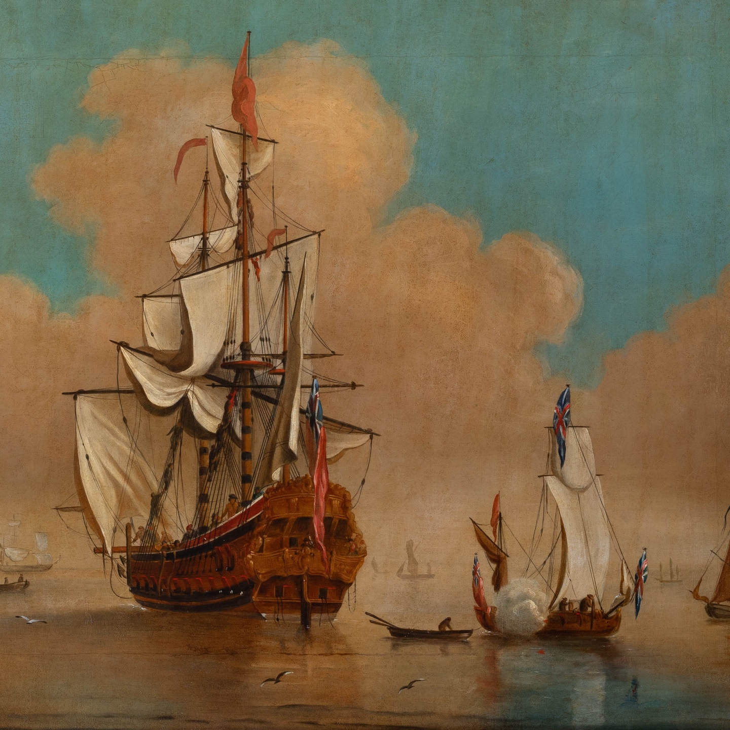 Unknown artist. After Peter Monamy (1681–1749) or Circle of Peter Monamy. British Men-o’-War and Other Ships, undated. Detail of oil on canvas. Canterbury Museum 1965.74.17