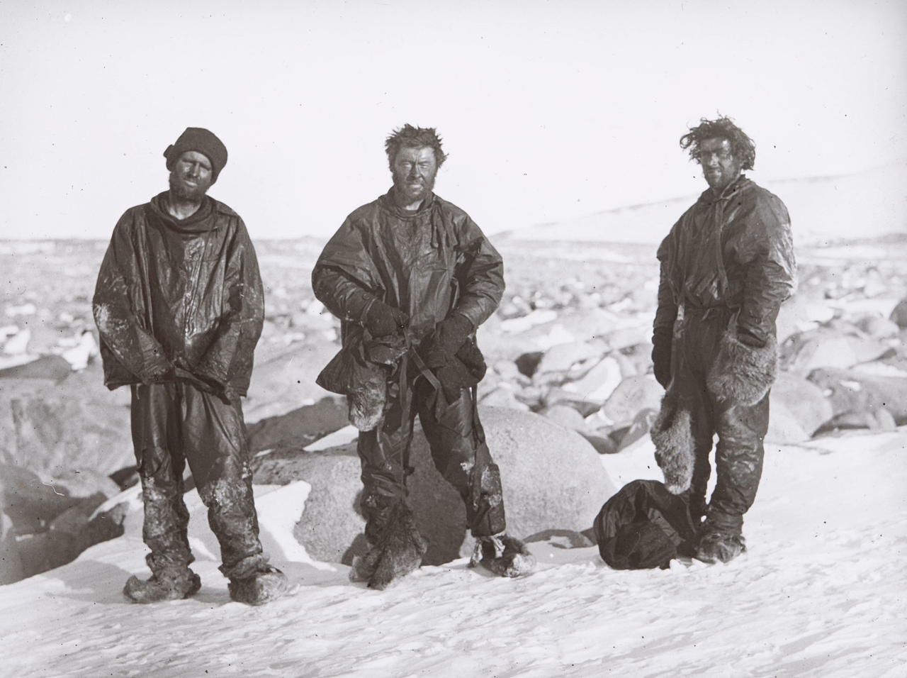 Raymond Priestley, (left) George Murray Levick and Frank Browning on 24 September 1912. The day before they set out to escape Inexpressible Island. This photo has recently been digitised by Canterbury Museum from a lantern slide. Canterbury Museum UD2023.2.1136