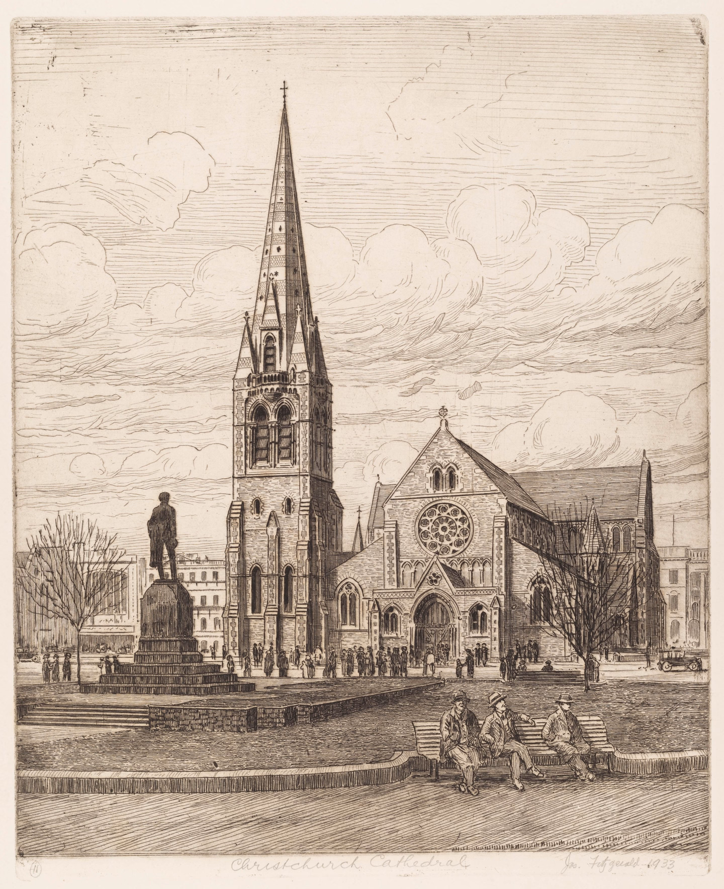 James Fitzgerald etching of Cathedral Square from 1933. Canterbury Museum 1979.71.16