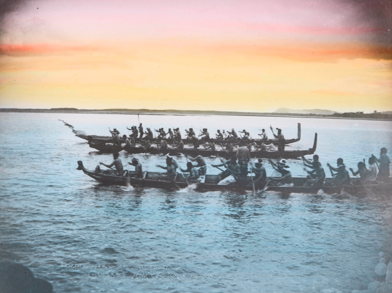 A hand coloured lantern slide of three wakas. Canterbury Museum 1975.203.24172