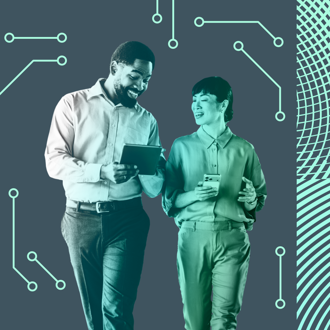 Two people, one holding a tablet and the other a smartphone, stand against a tech-themed background with circuit lines.
