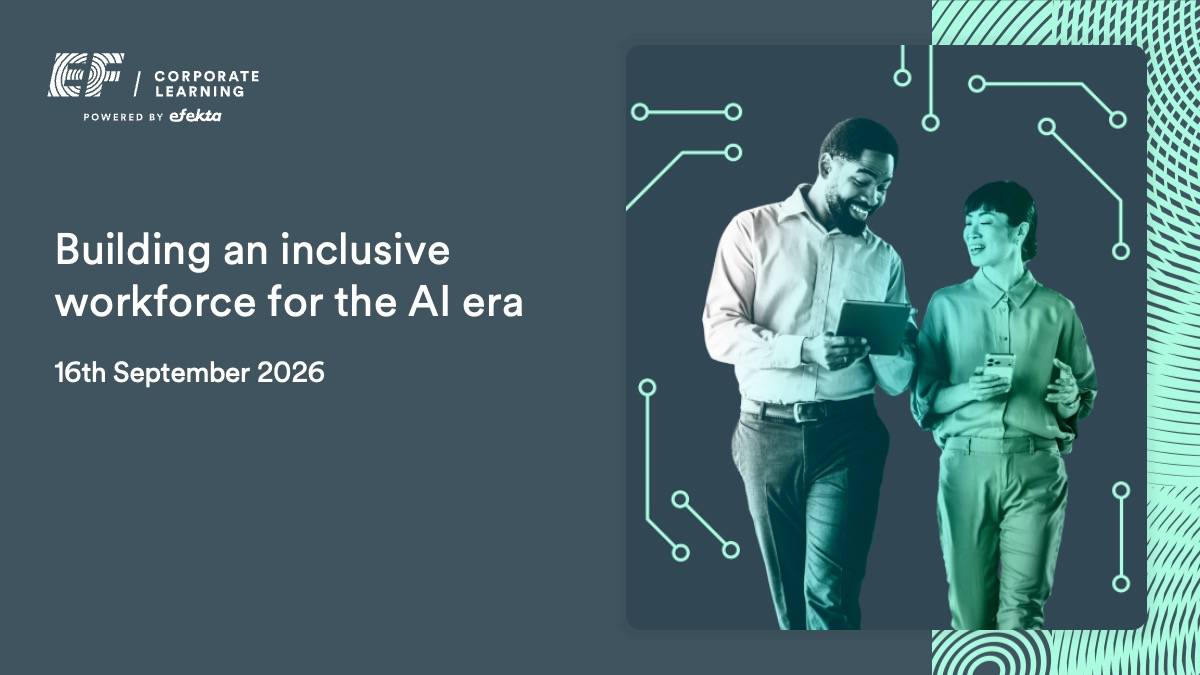 Two people smiling and discussing while looking at a tablet and phone, with text about building an inclusive AI workforce for September 2026 event.