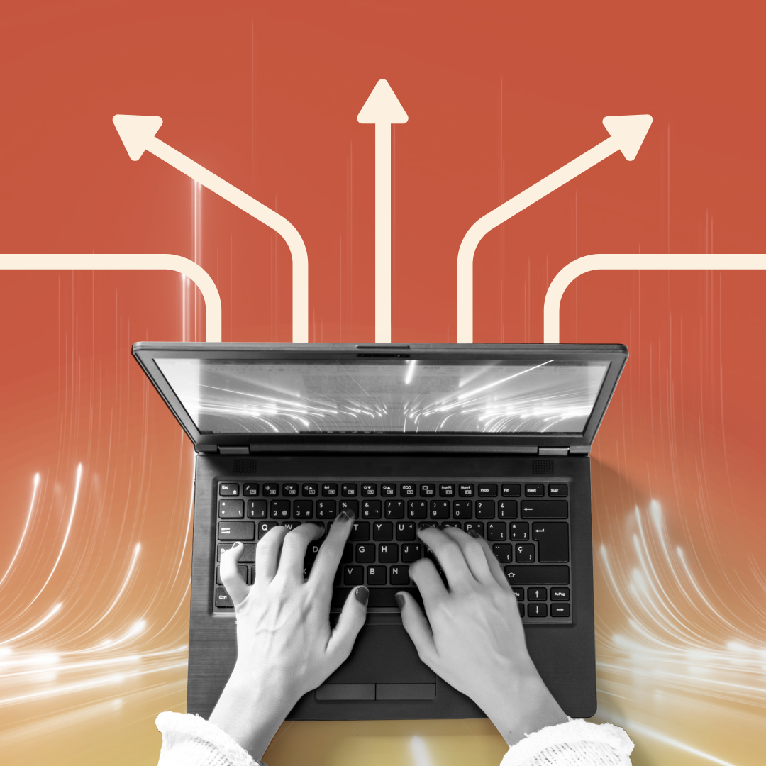 Hands typing on a laptop with multiple arrows pointing outward, symbolizing various pathways or directions, against an orange background.