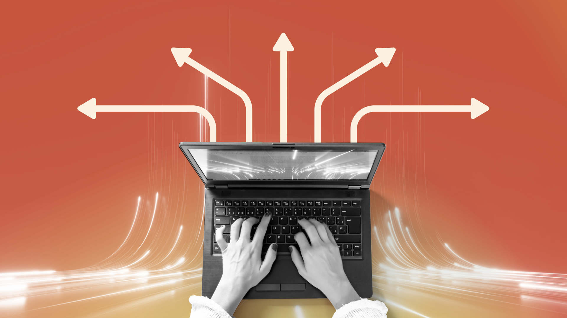 Hands typing on a laptop with multiple arrows pointing outward, symbolizing various pathways or directions, against an orange background.