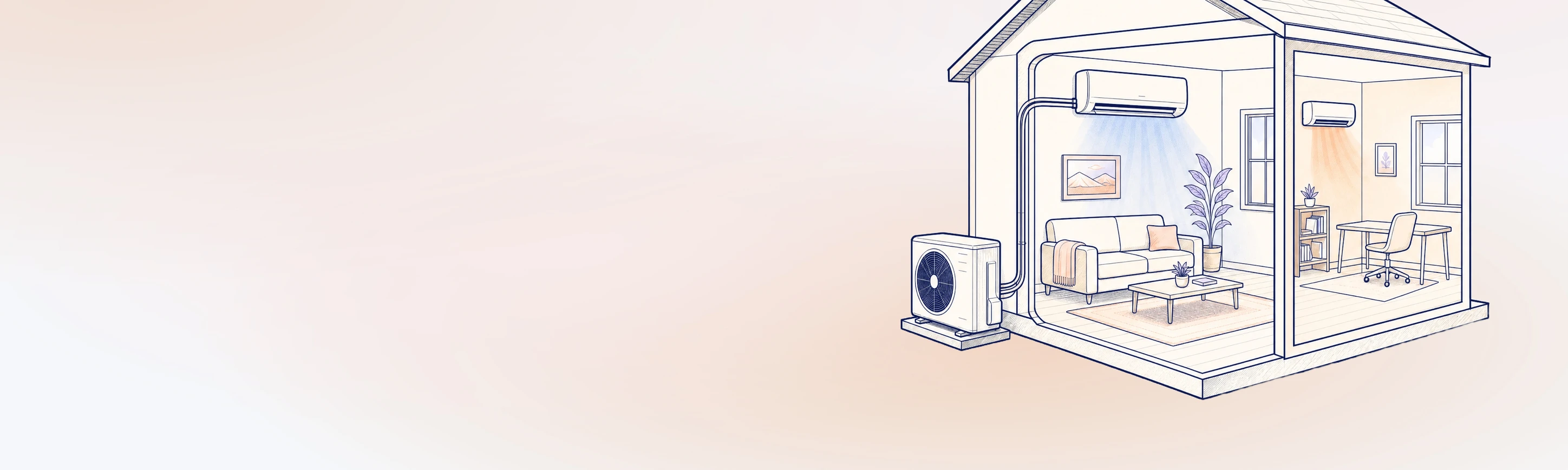Illustration of a ductless mini-split heat pump with wall-mounted heads conditioning a home