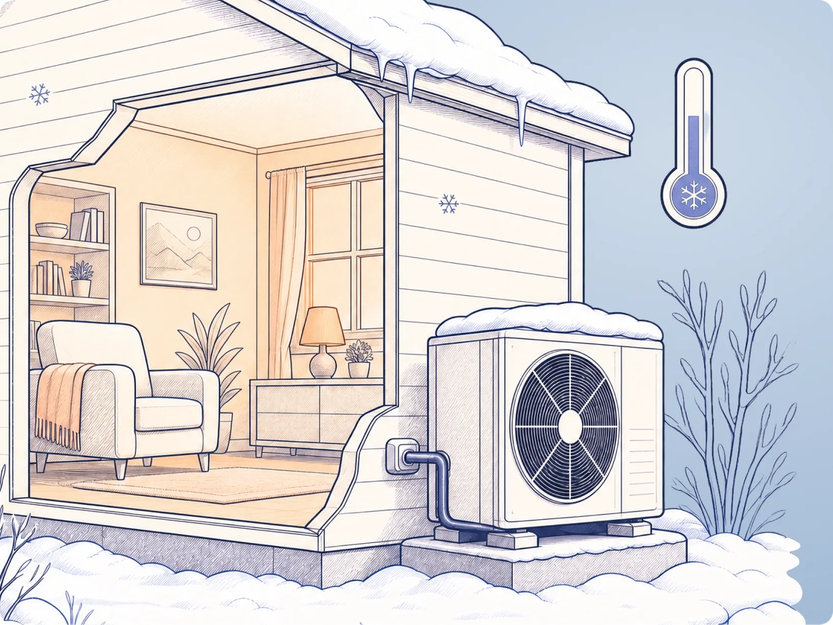 Cold-climate heat pump in winter at a Minnesota home, snow on the ground
