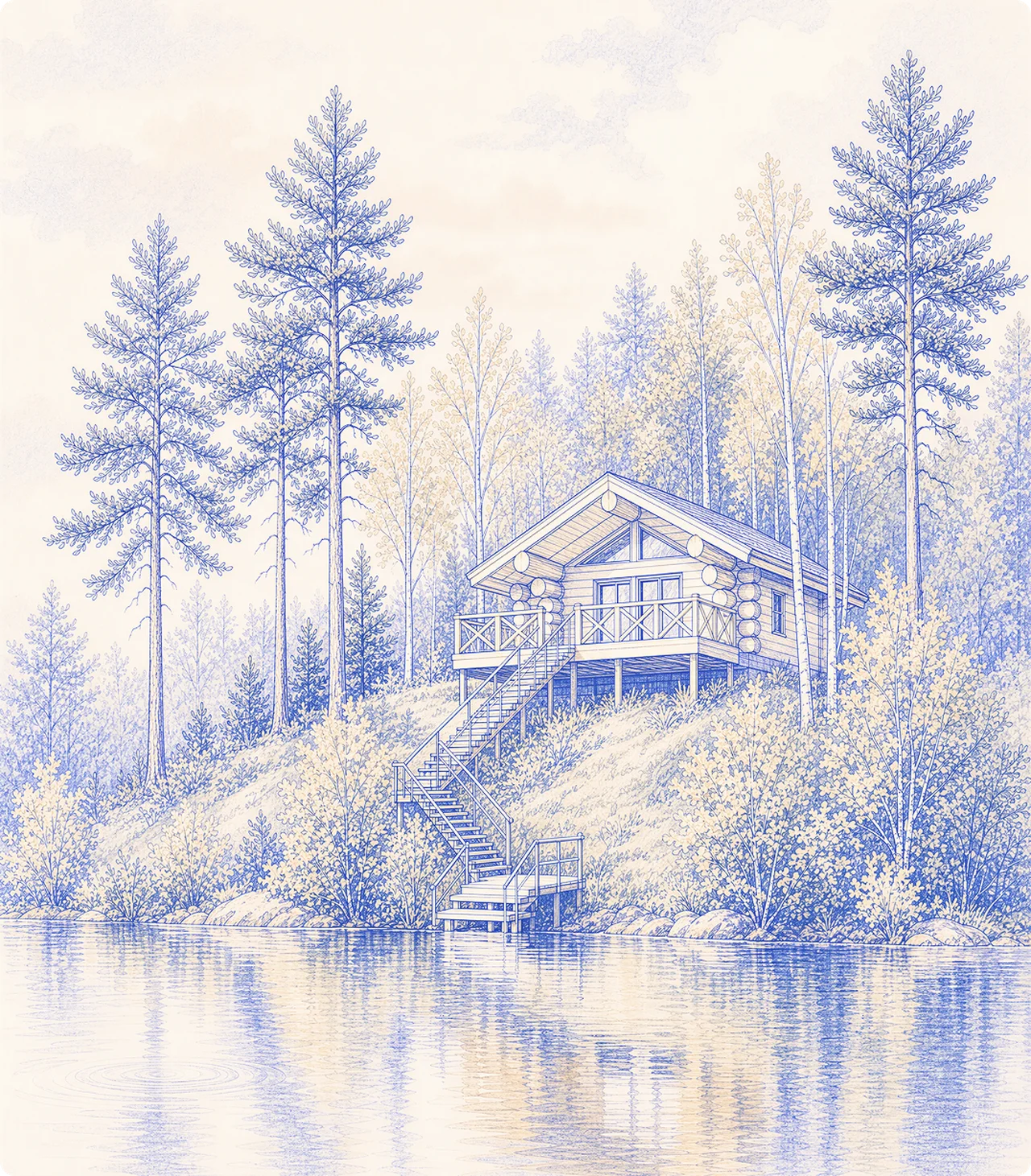 log cabin on a river