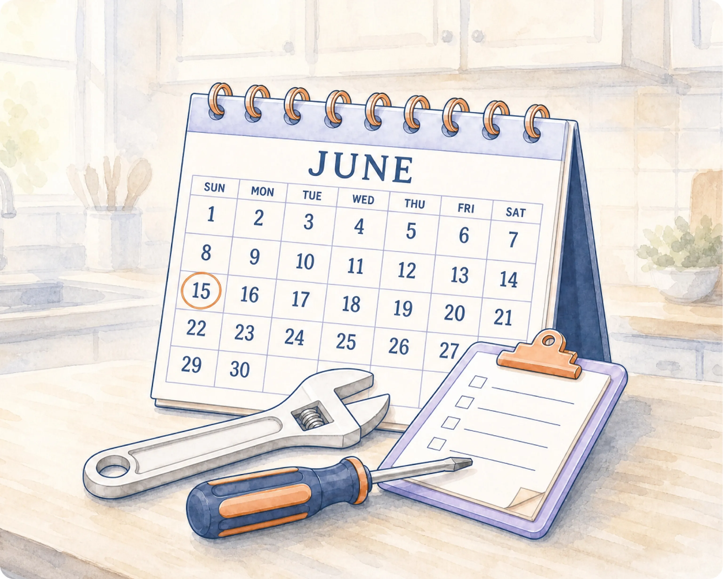 Calendar set to June with the 15th circled, placed on a kitchen counter with a wrench, screwdriver, and clipboard nearby.