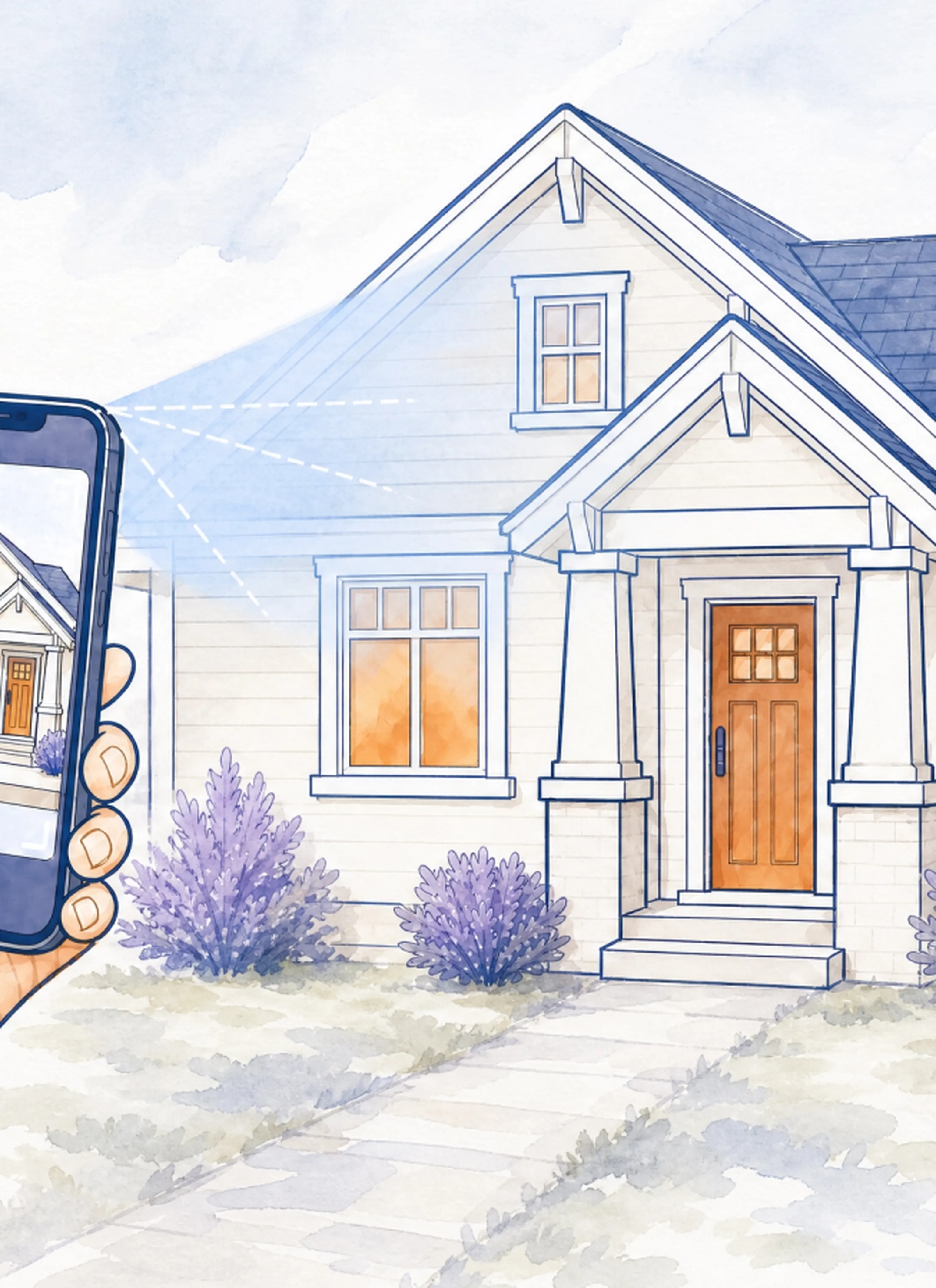 Illustration of a phone scanning a house with the Zero Homes app