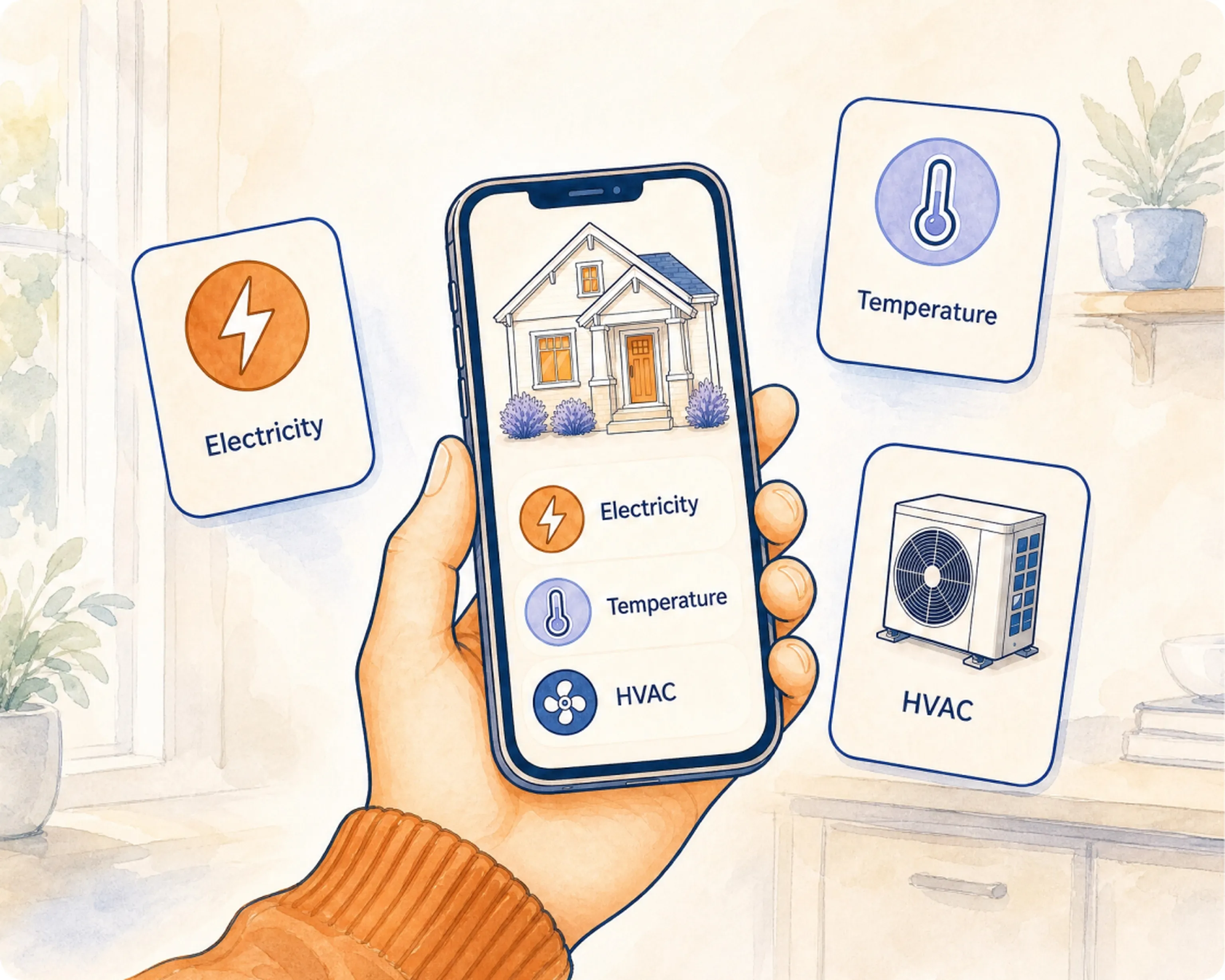 A phone showing electricity, temperature and HVAC readings for a home