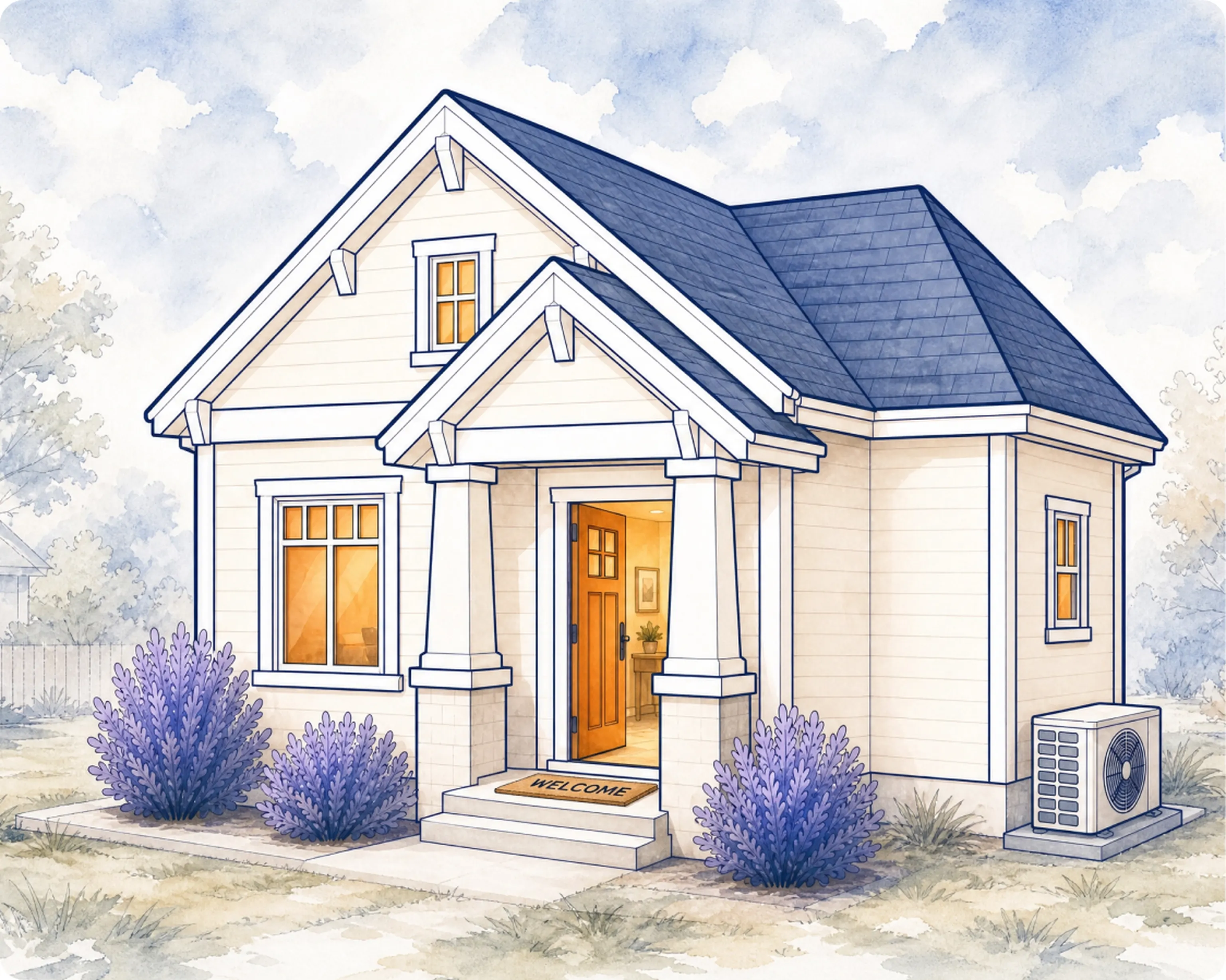 Illustration of a home with its front door open and lights on
