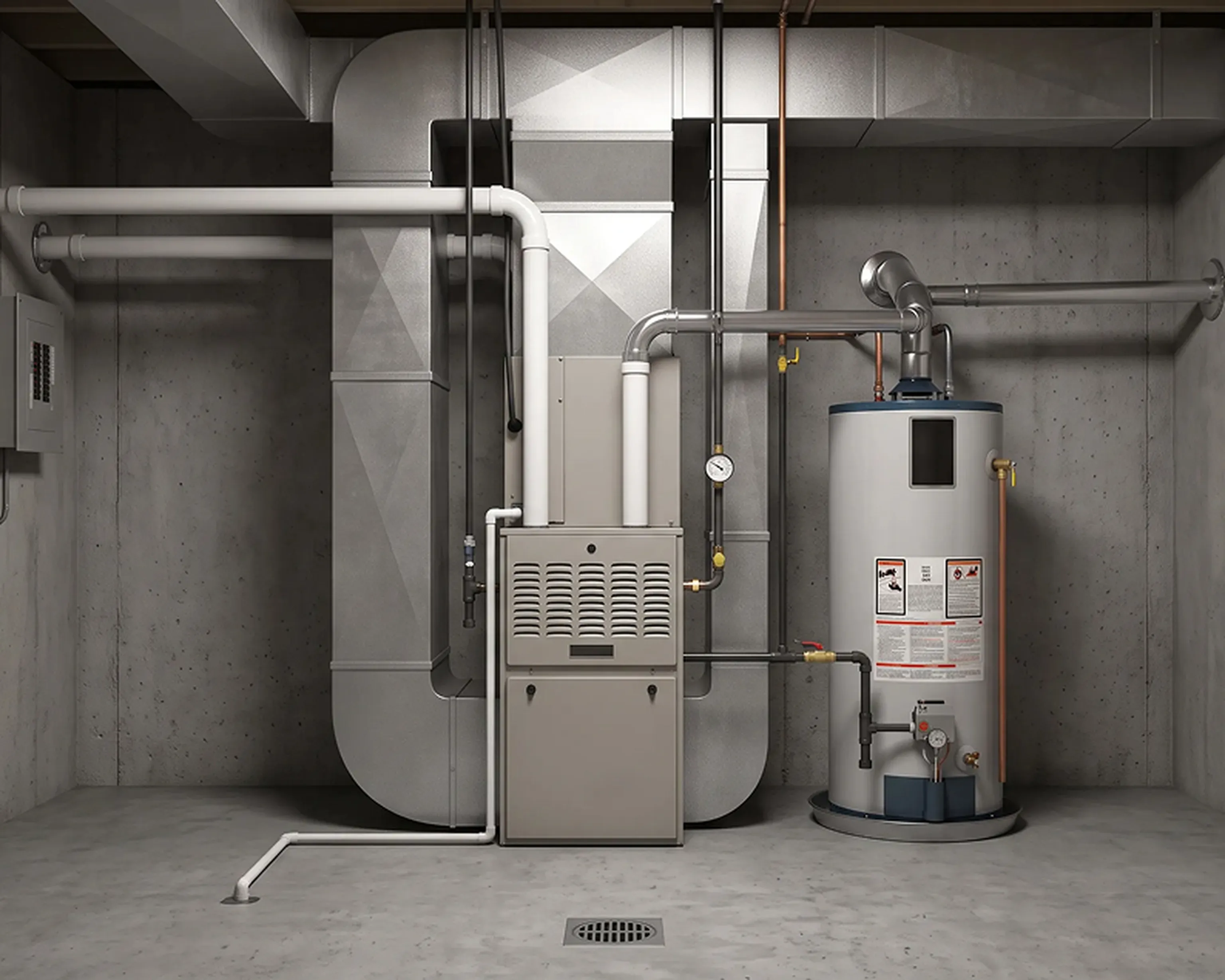 A furnace and water heater in a basement mechanical room