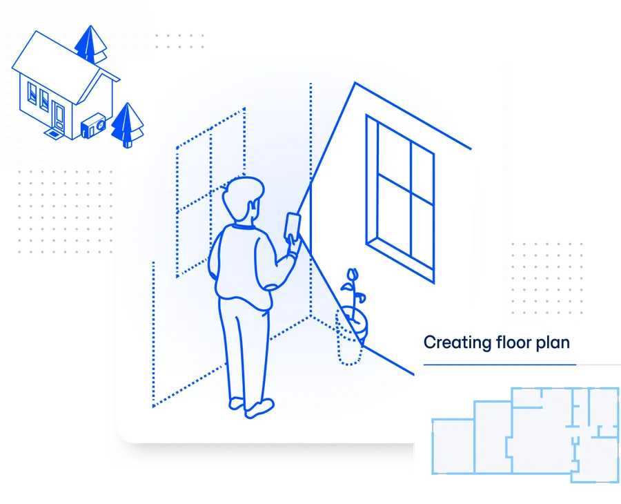 a graphic depicting a homeowner scanning their home with their cell phone and creating a floor plan