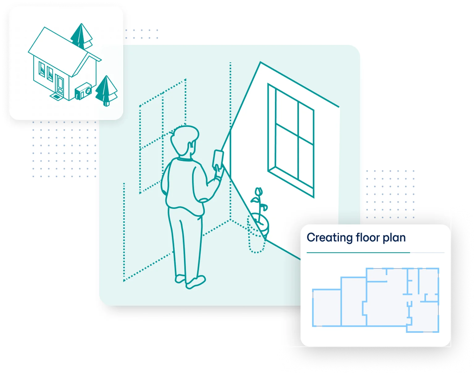 Illustration of a person scanning a room while a floor plan is drawn