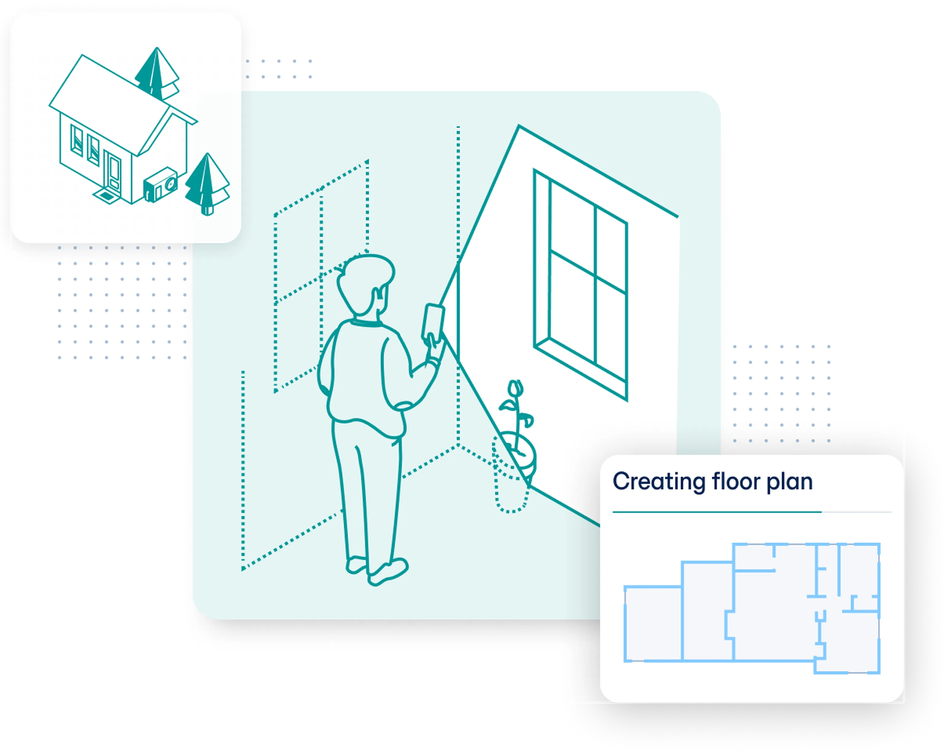 Illustration of a person scanning a room while a floor plan is drawn