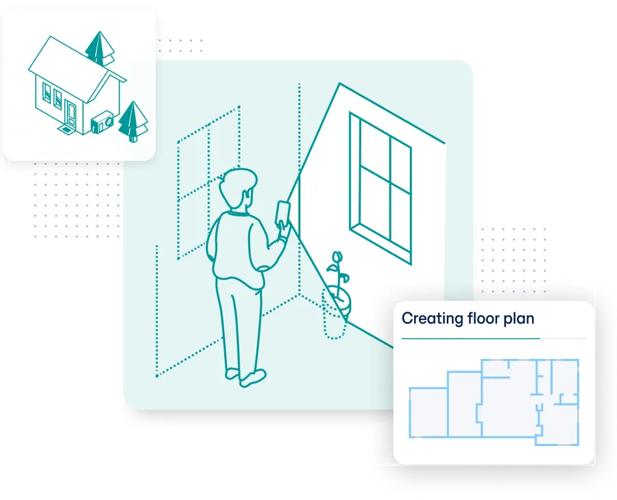 Illustration of a homeowner scanning a wall with their phone while the Zero Homes app builds a floor plan