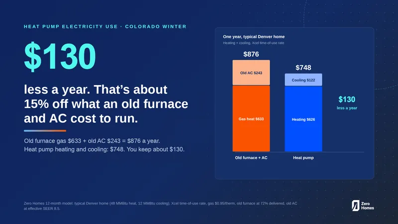 A heat pump costs a typical Denver home $130 less a year, about 15% off what an old furnace and AC cost to run