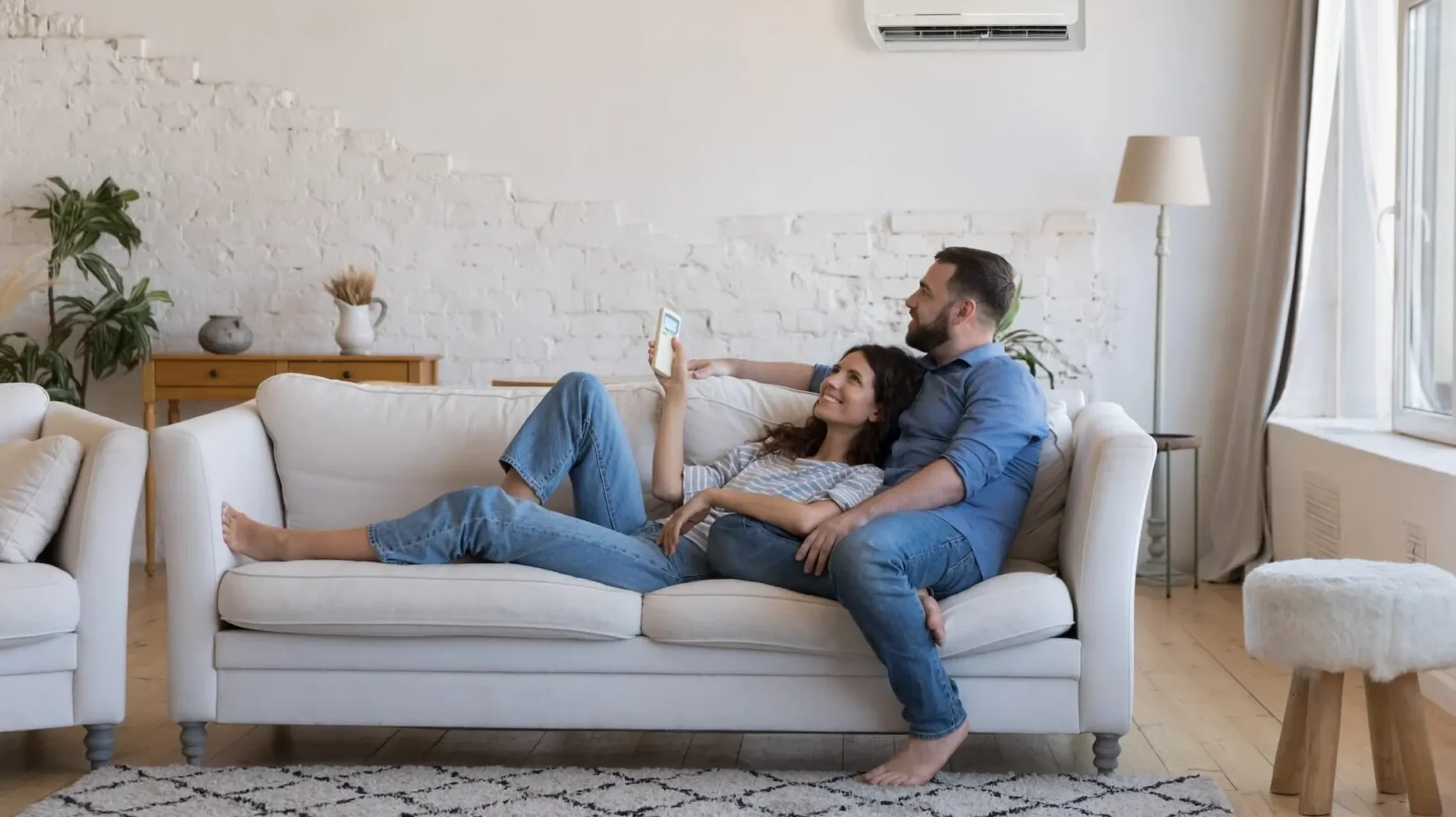 A couple relax on a couch in a room with a mini split heat pump head