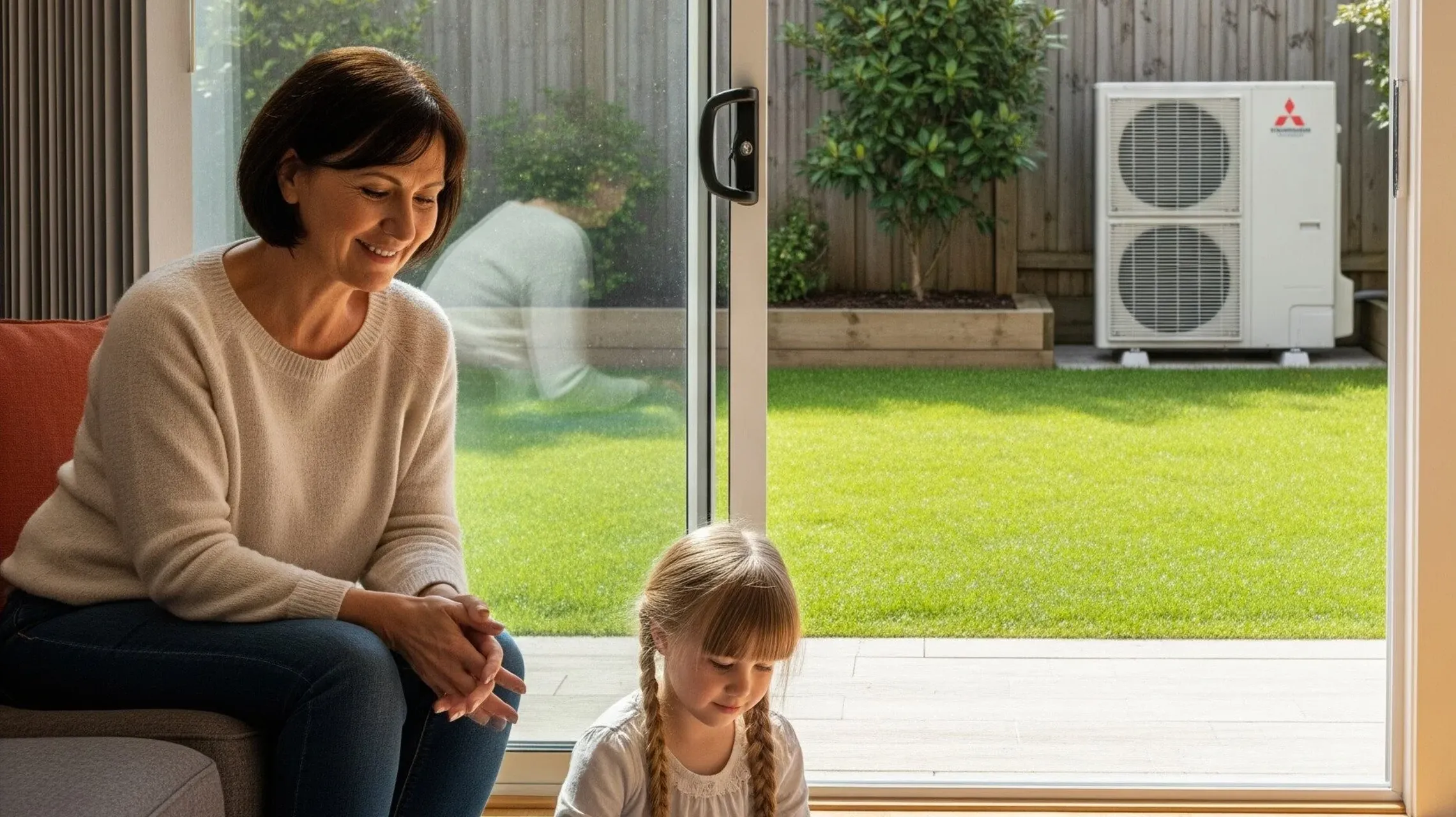 woman and child in living room with heat pump in background