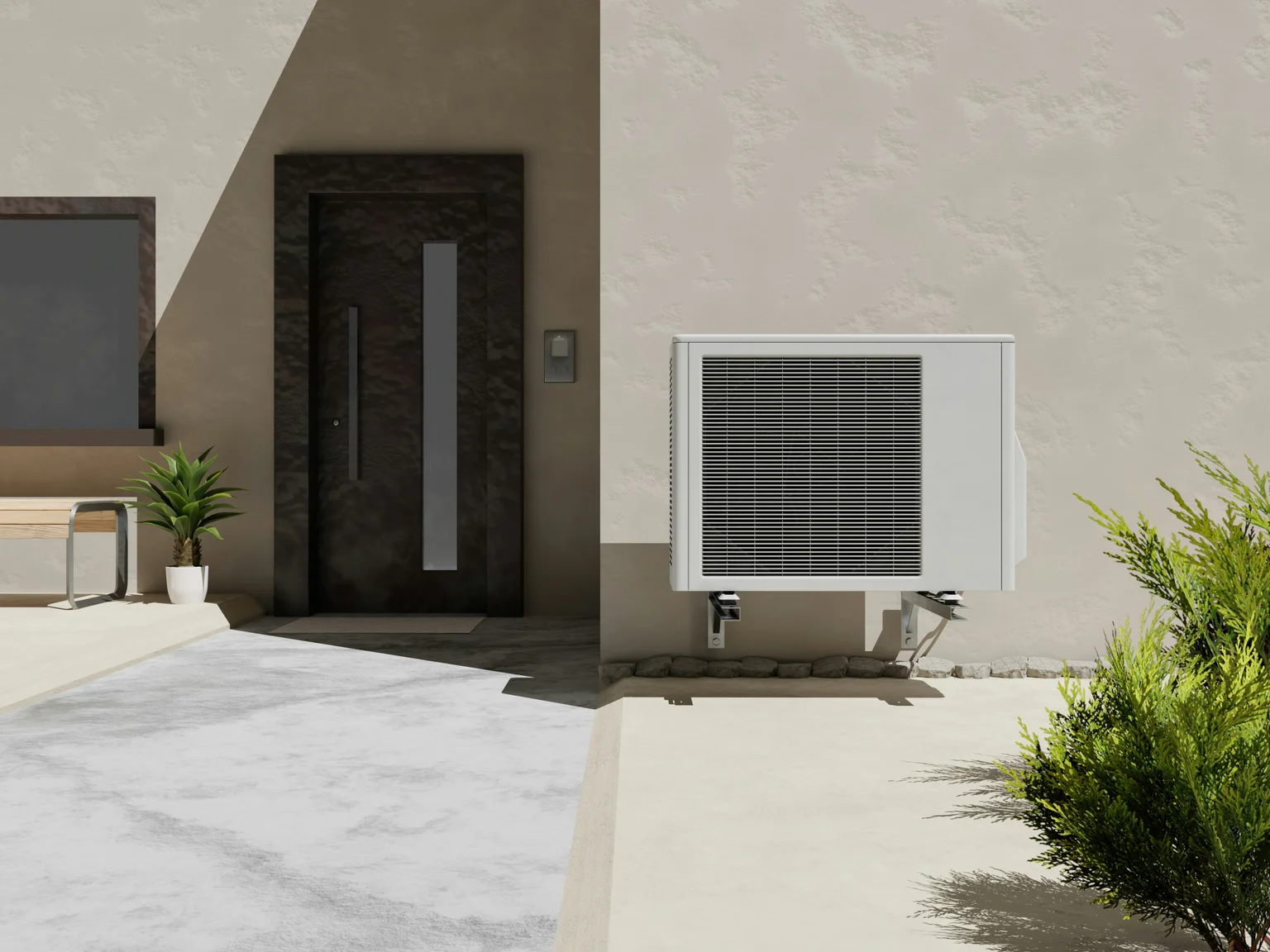 Outdoor unit of a ducted heat pump at a modern home