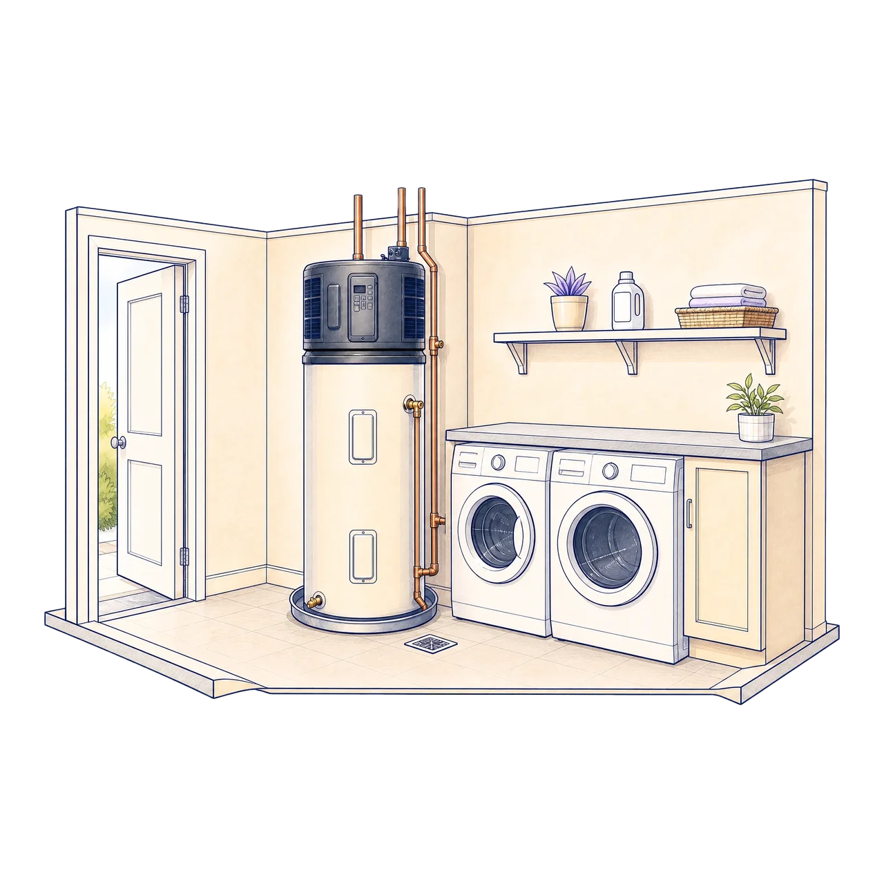 Cutaway illustration of a heat pump water heater installed in a home utility room