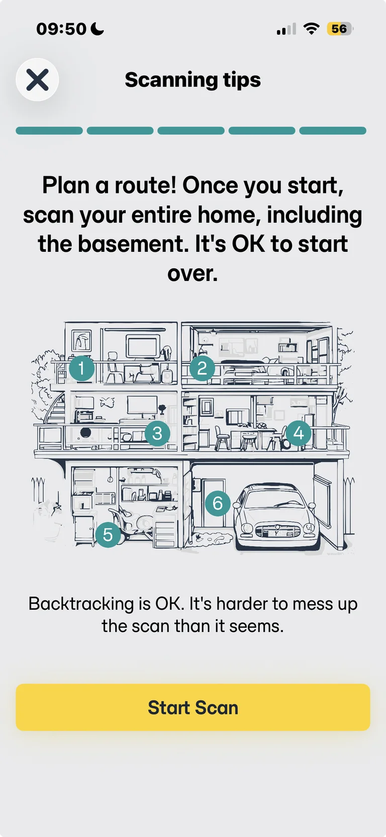 The Zero Homes app scanning-tips screen, showing how to plan a route through the home