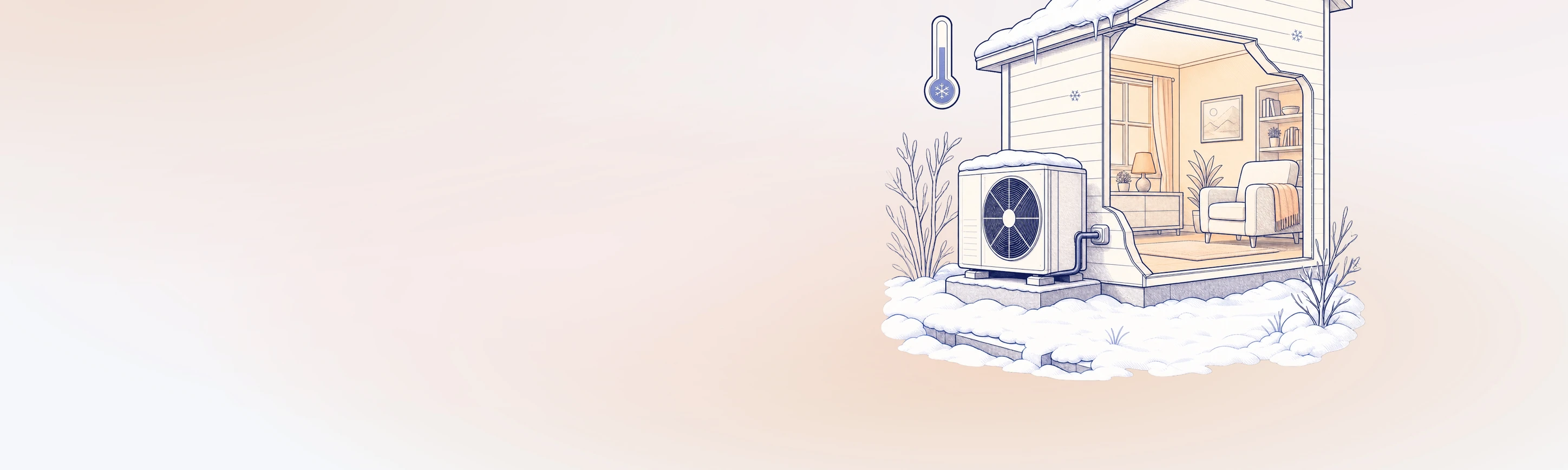 Illustration of a cold-climate heat pump running beside a cozy home in winter snow