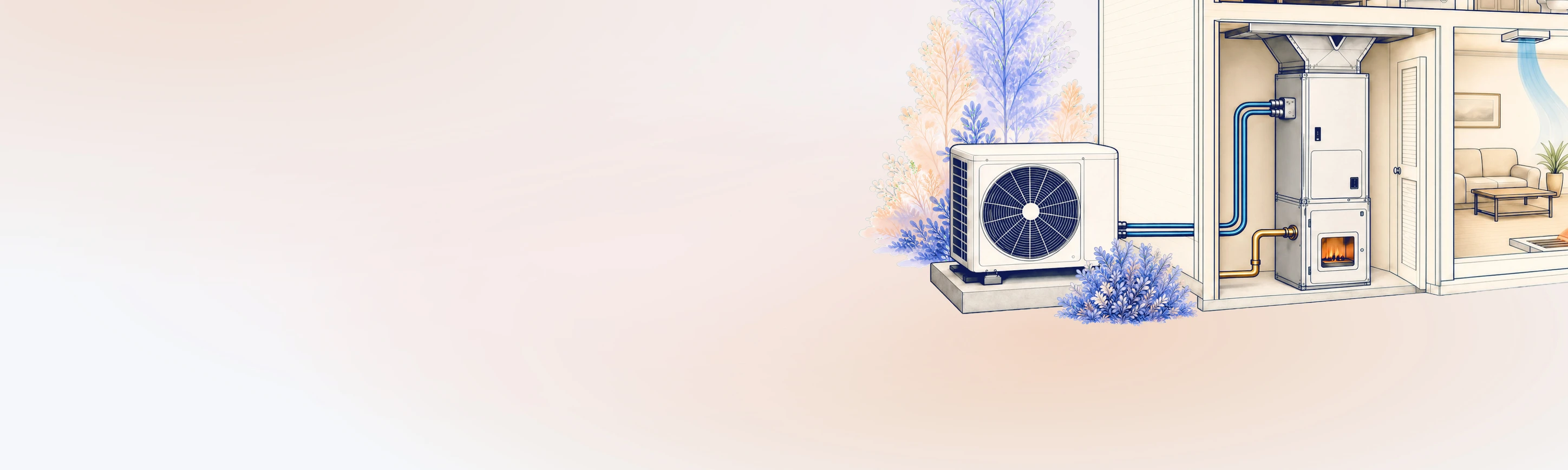 Illustration of a dual-fuel heat pump paired with a furnace beside a home
