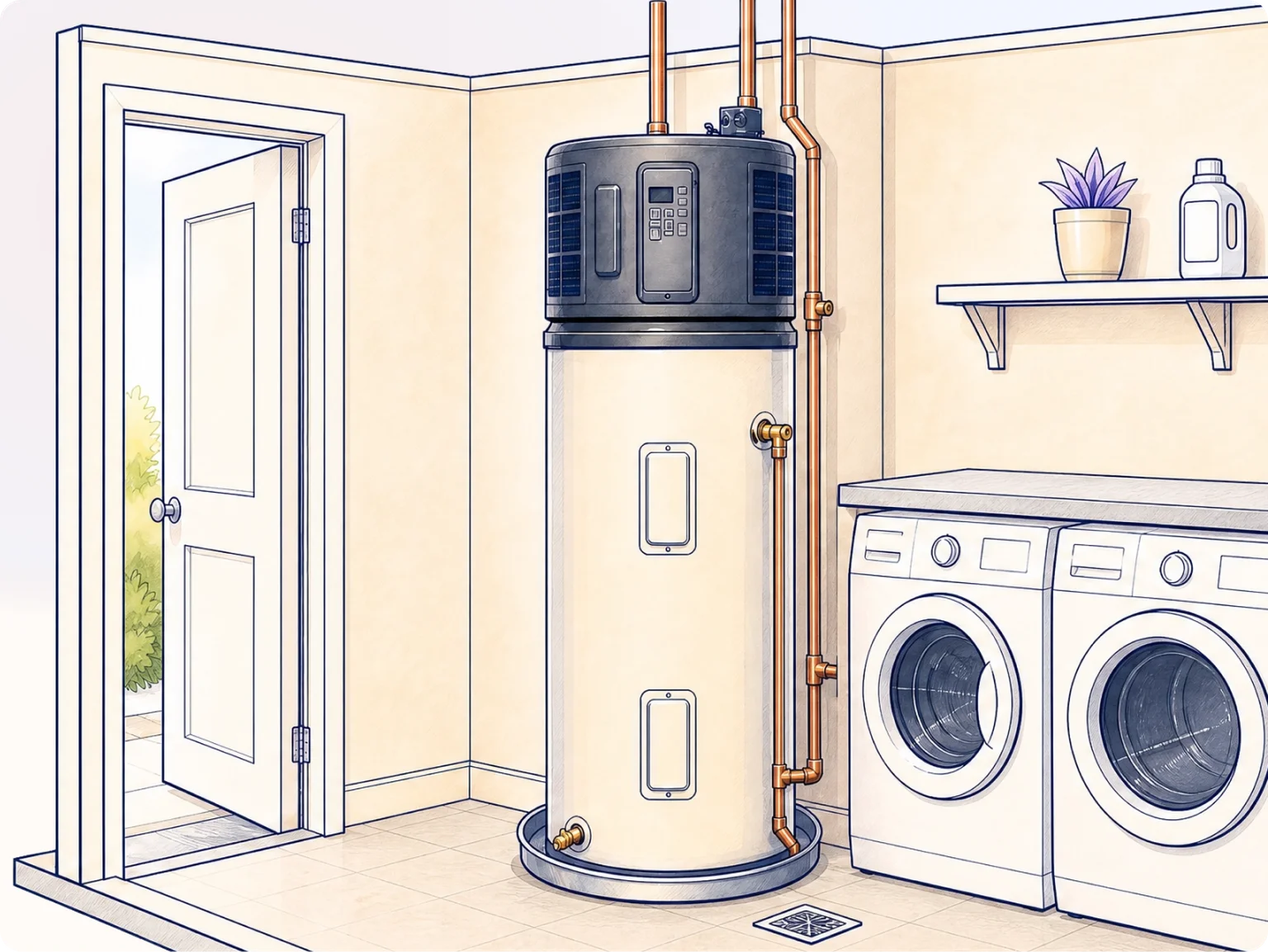 Illustration of a heat pump water heater with the heat pump unit on top of the tank