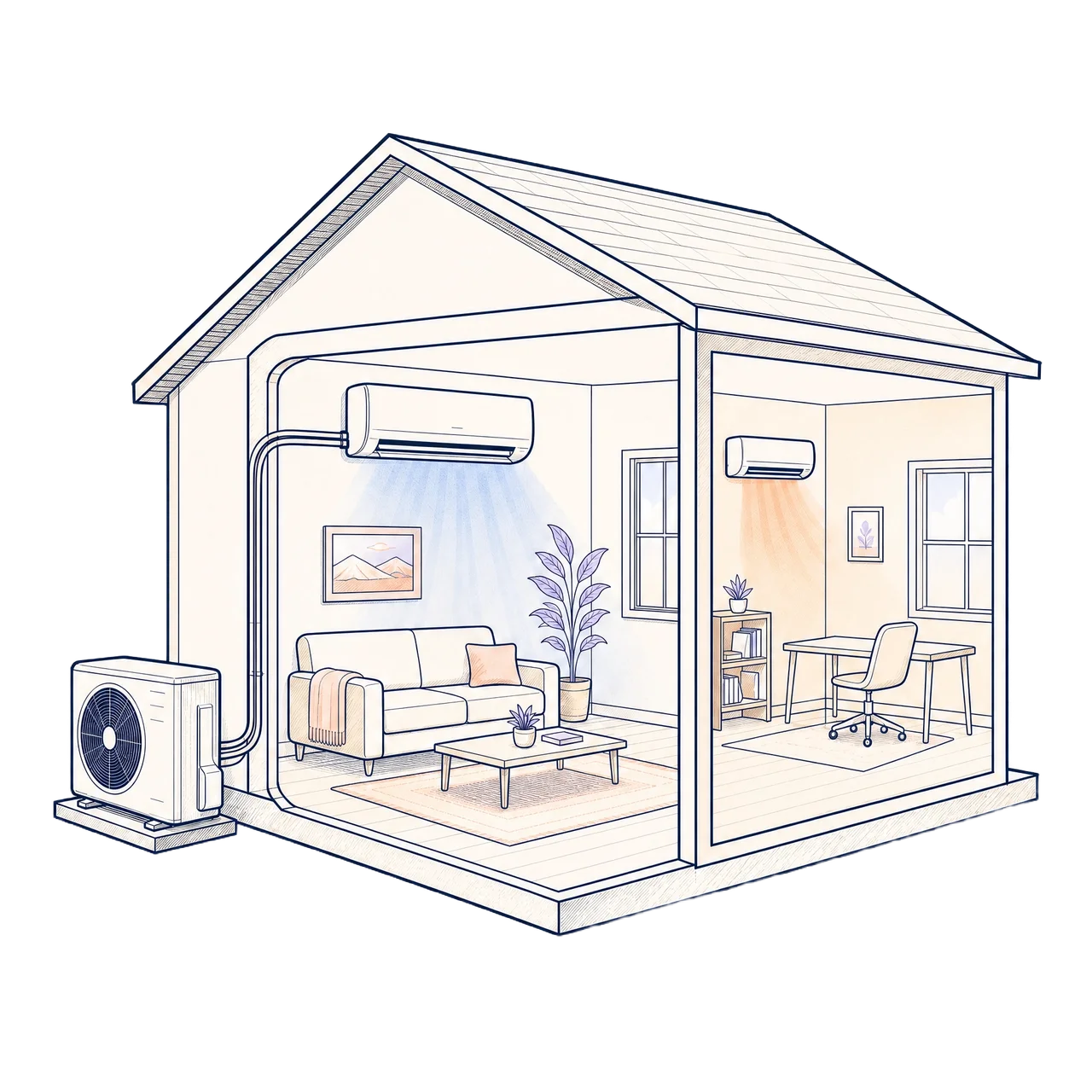 Cutaway illustration of a home with ductless mini-split heads and an outdoor unit