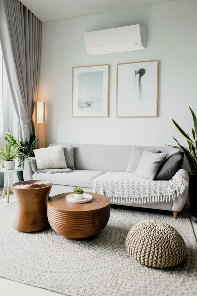 A living room with a heat pump installed
