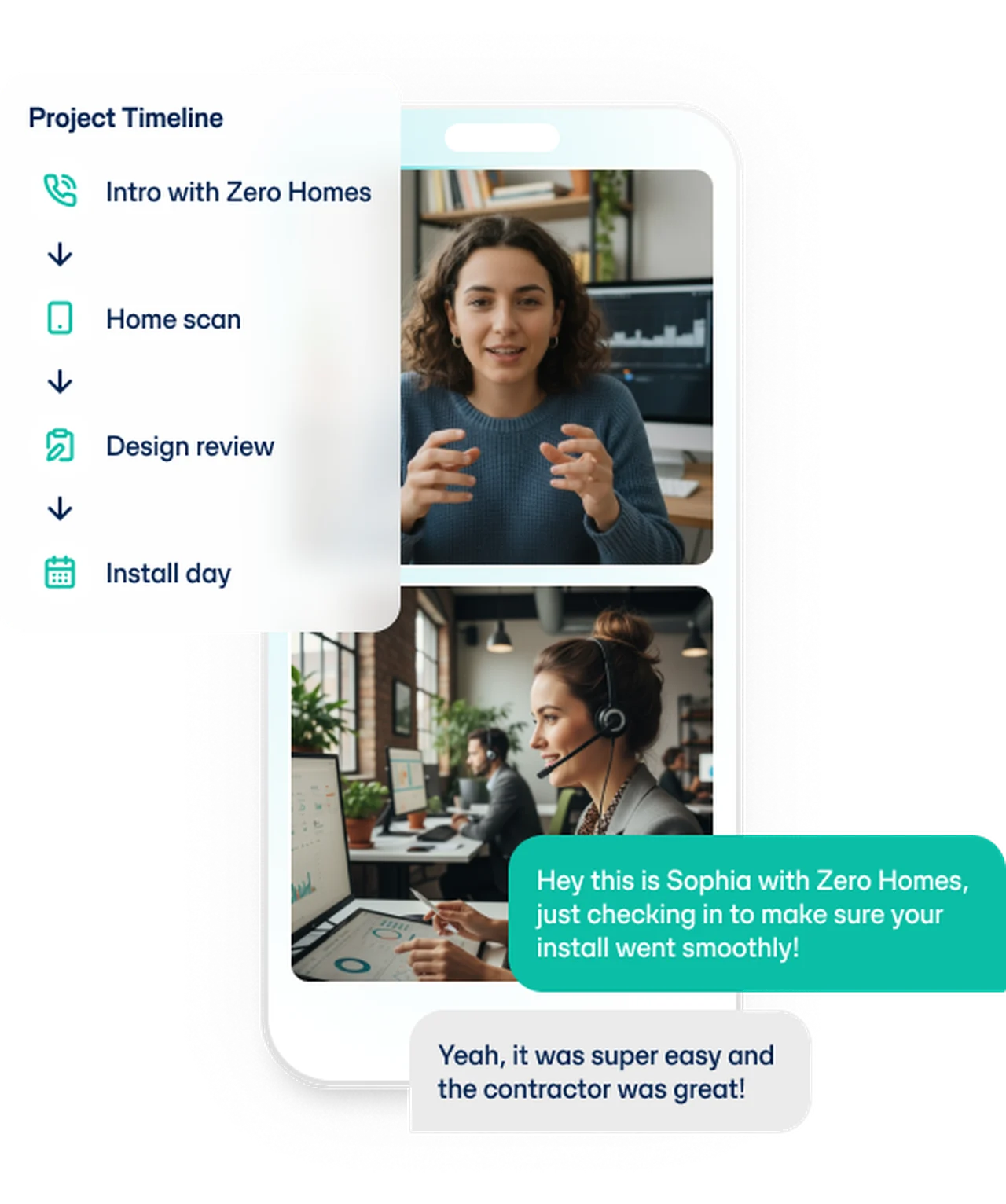 A Zero Homes Home Advisor on a video call with a homeowner, beside the project timeline