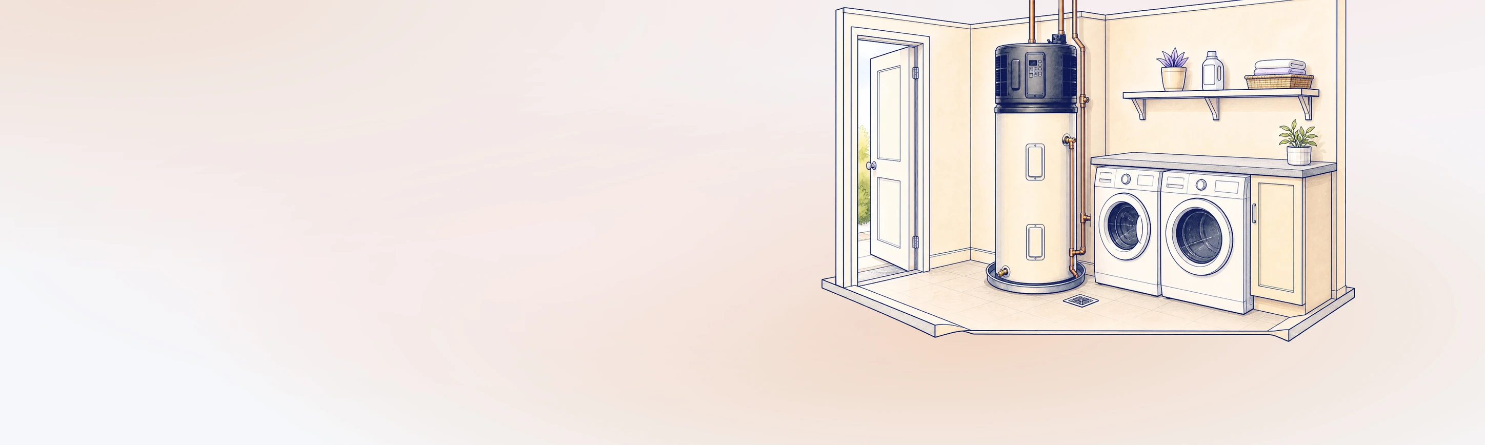 Illustration of a heat pump water heater in a home laundry room