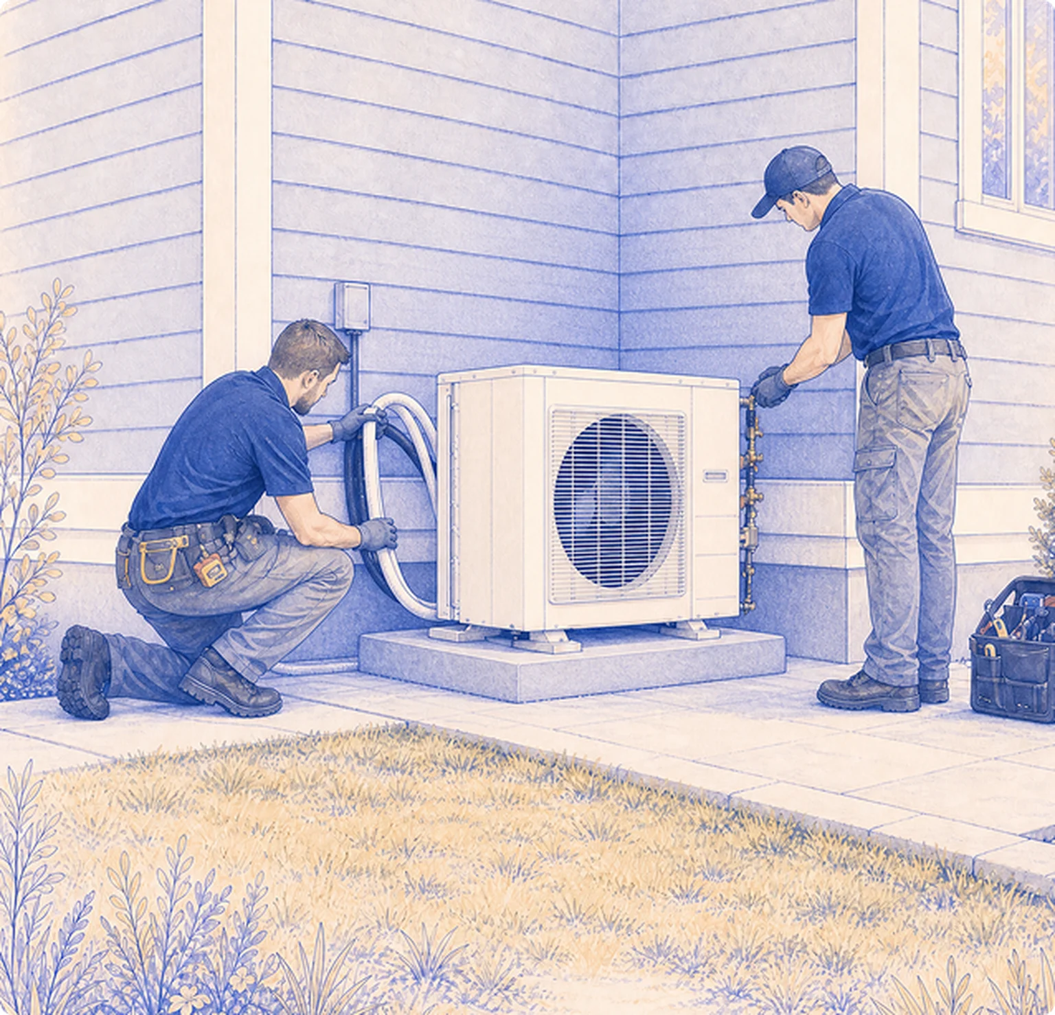 team of contractors installing a heat pump outside