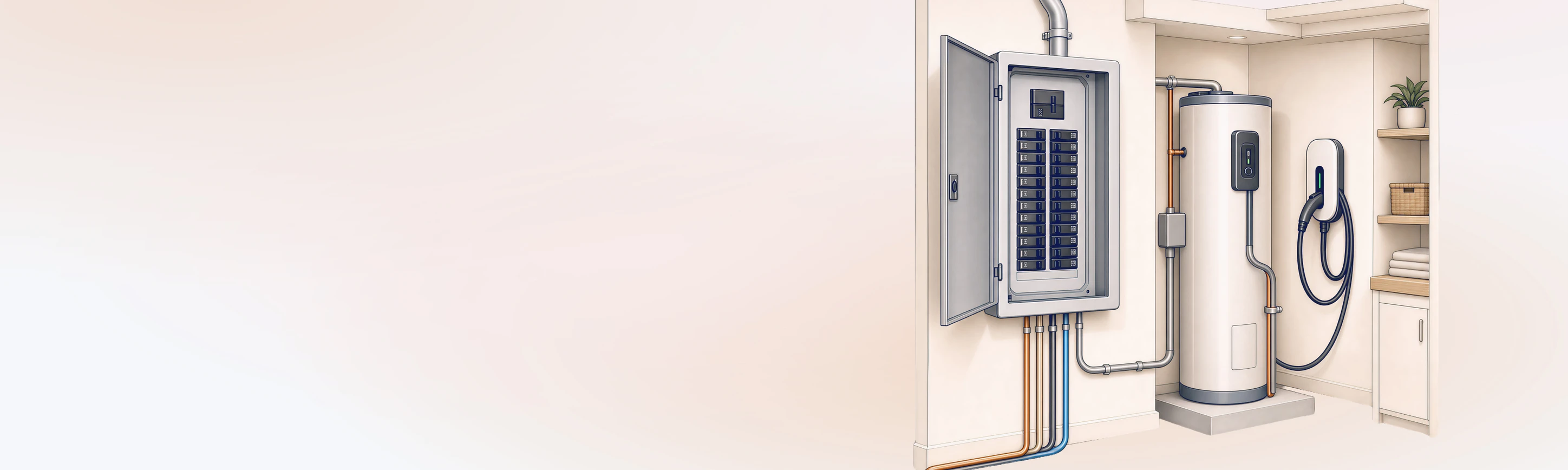 Illustration of an upgraded electrical panel powering a water heater and EV charger in a home