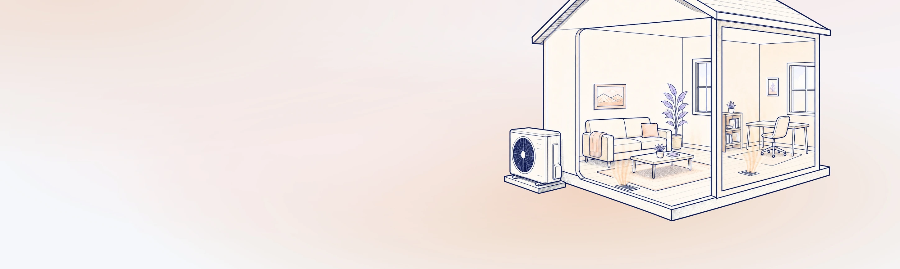 Illustration of a ducted heat pump heating and cooling a home