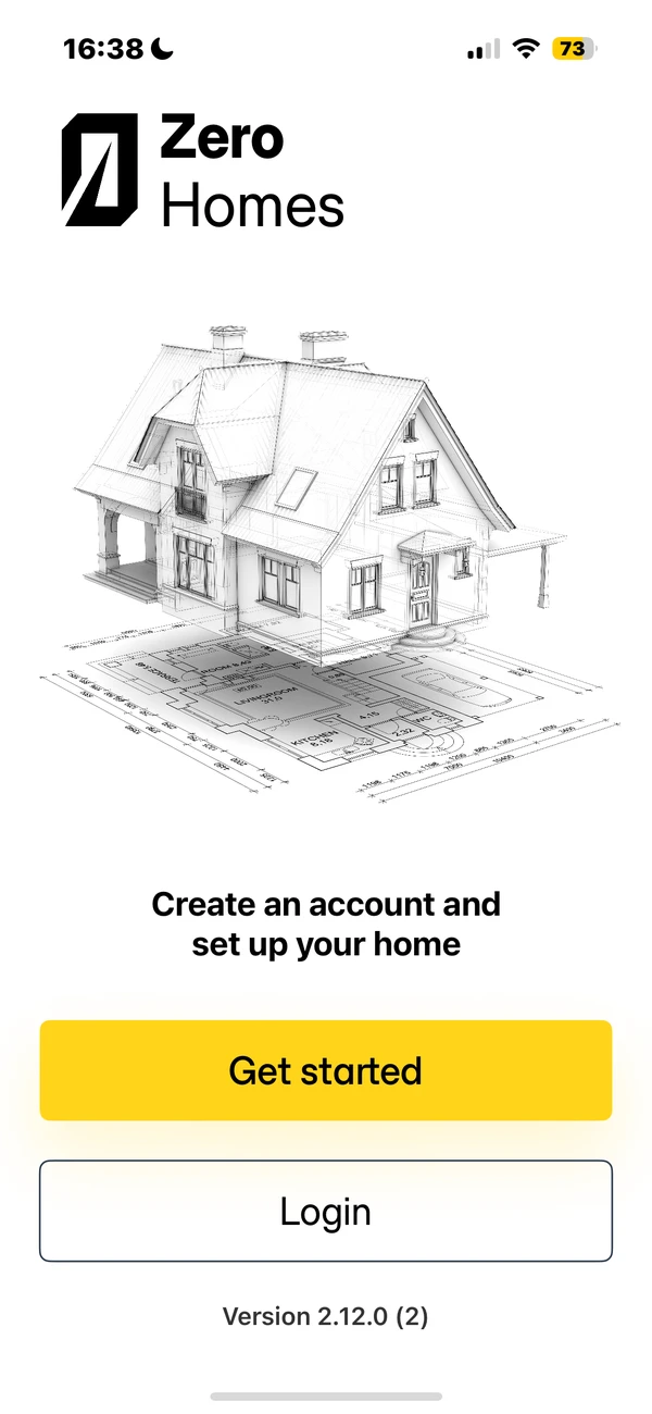 The Zero Homes app start screen, showing the create-account and home-setup step