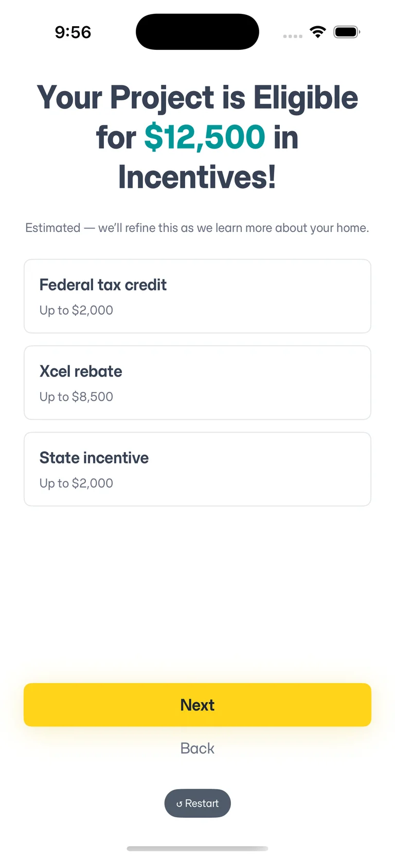 The Zero Homes app screen showing estimated incentives the project is eligible for