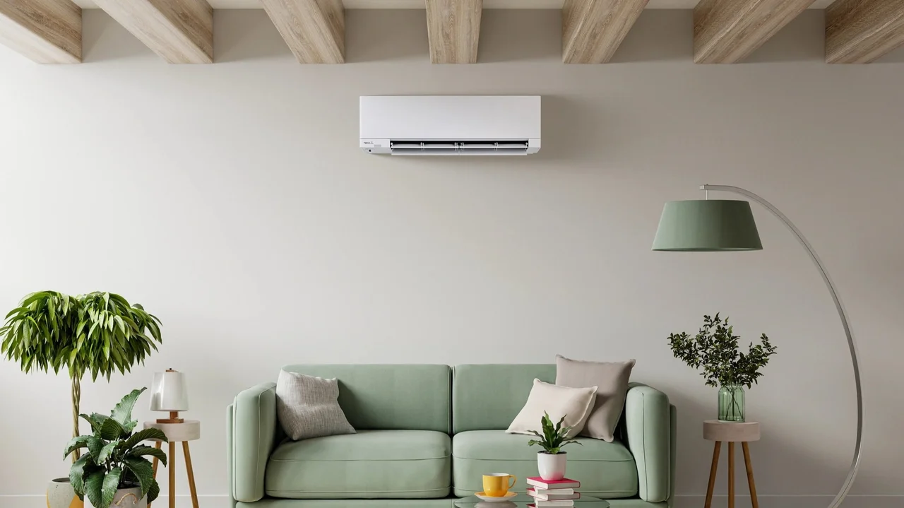 A Zero Homes heat pump installed in a bright living room.